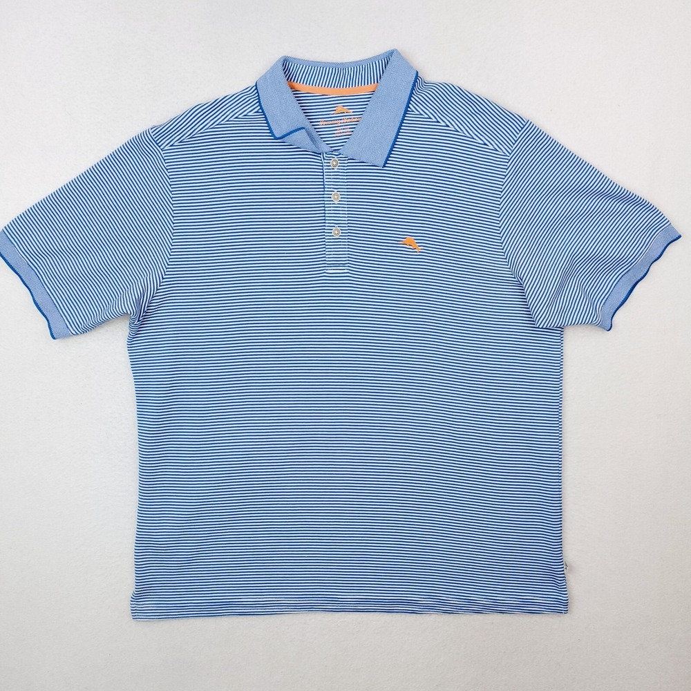 Tommy Bahama Shirt Mens Extra Large Blue White Striped Pima Cotton Golf Polo